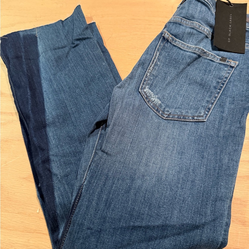 SP Black Label Two Tone Flare Jeans Medium Wash Contrast Panel Raw Hem Size 26
